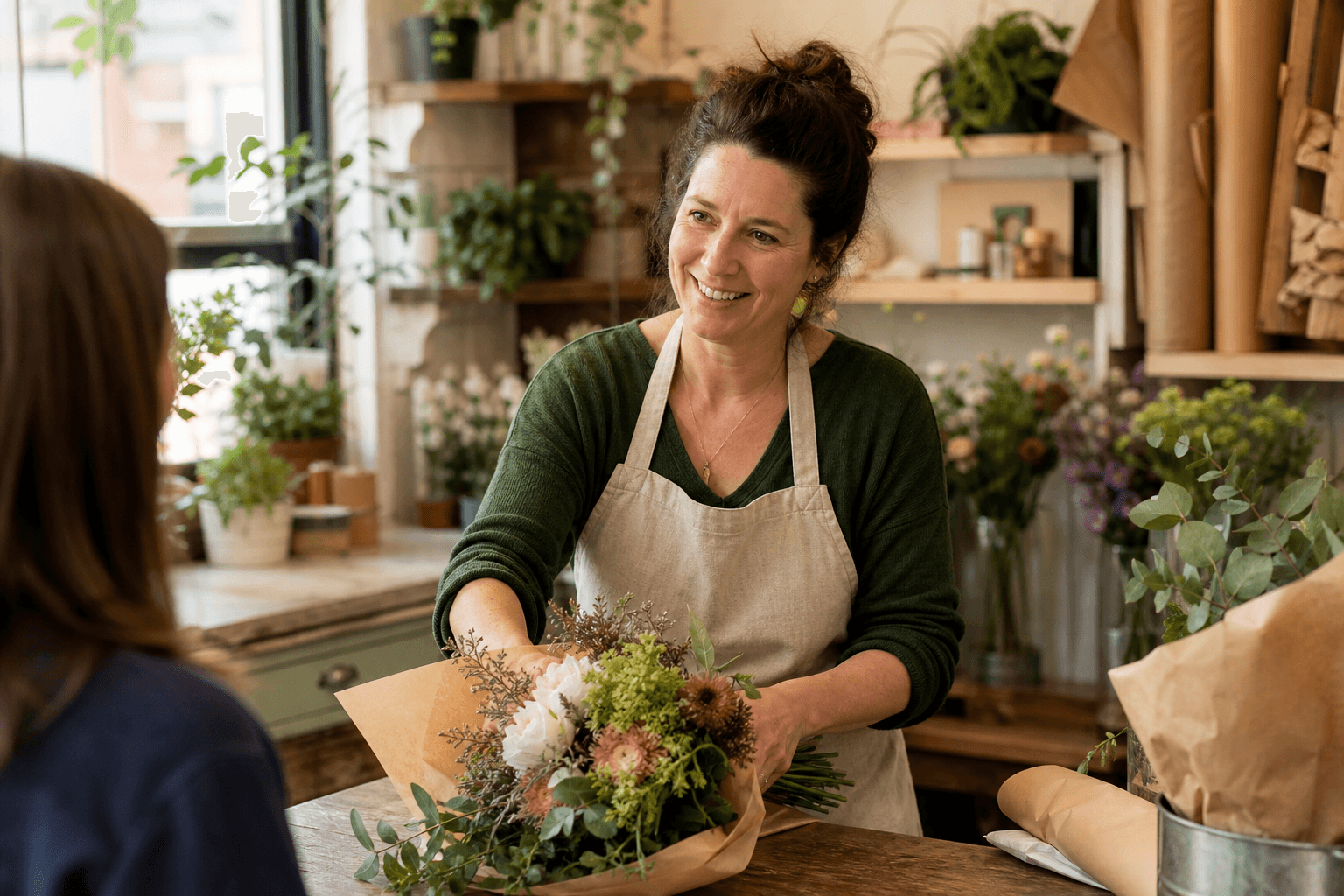 A local flower shop owner helping a customer
